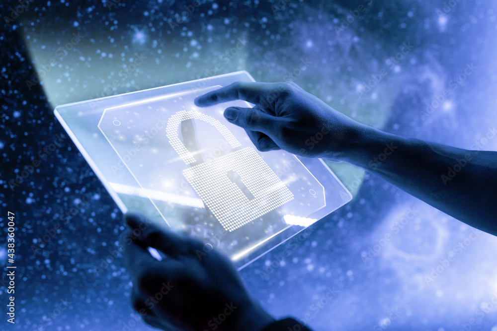 Lock icon on transparent tablet data security technology background digital remix