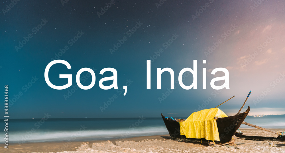 Goa, India. Real Night Sky Stars. Natural Starry Sky Blue Color Above Sea Seascape Ocean Beach. Back