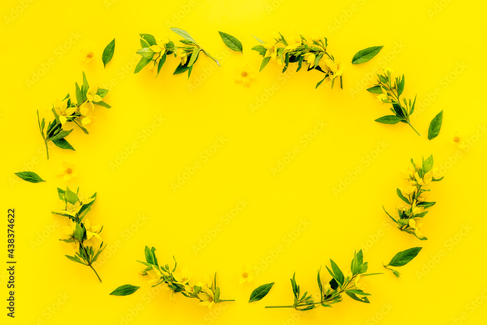 Happy Easter mockup - yellow flowers, flat lay, top view