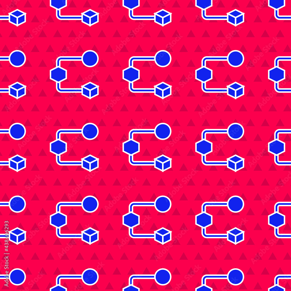 Blue Isometric cube icon isolated seamless pattern on red background. Geometric cubes solid icon. 3D