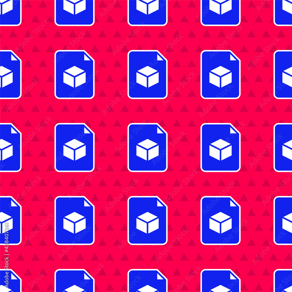 Blue Isometric cube file icon isolated seamless pattern on red background. Geometric cubes solid ico