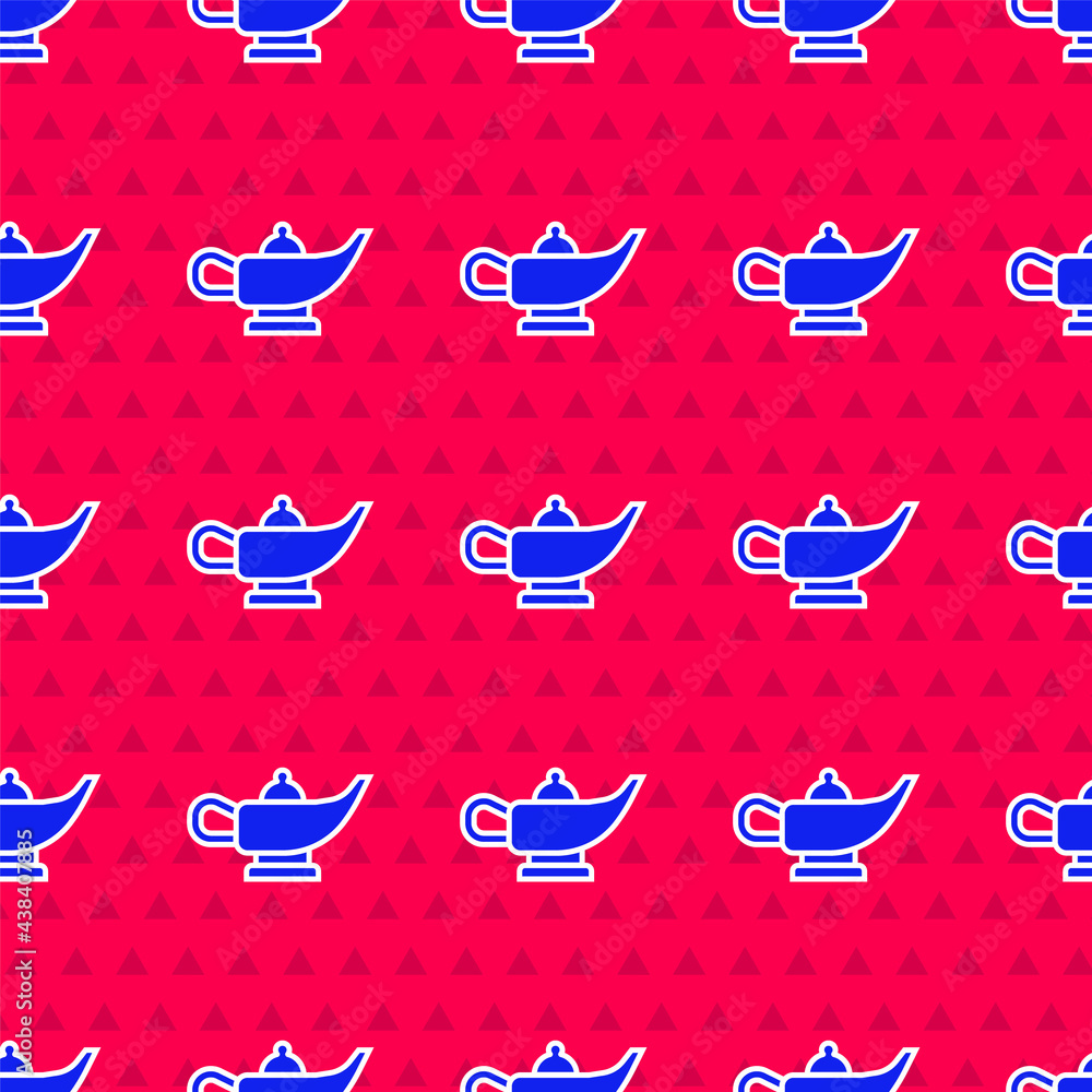 Blue Magic lamp or Aladdin lamp icon isolated seamless pattern on red background. Spiritual lamp for