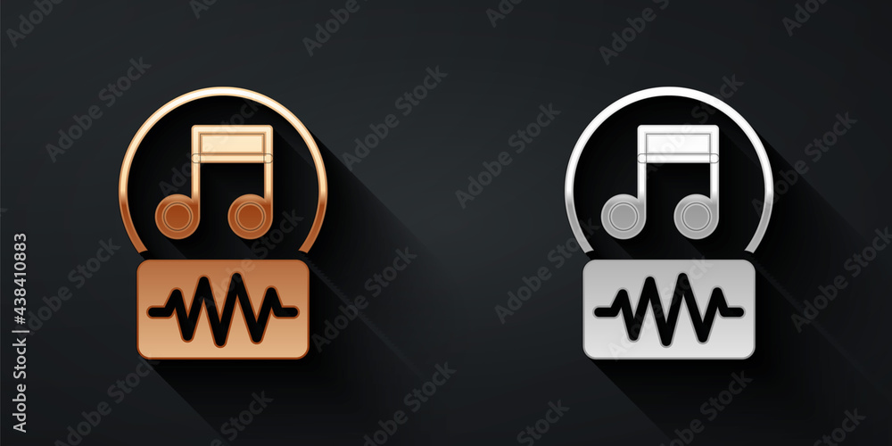 Gold and silver Music note, tone icon isolated on black background. Long shadow style. Vector