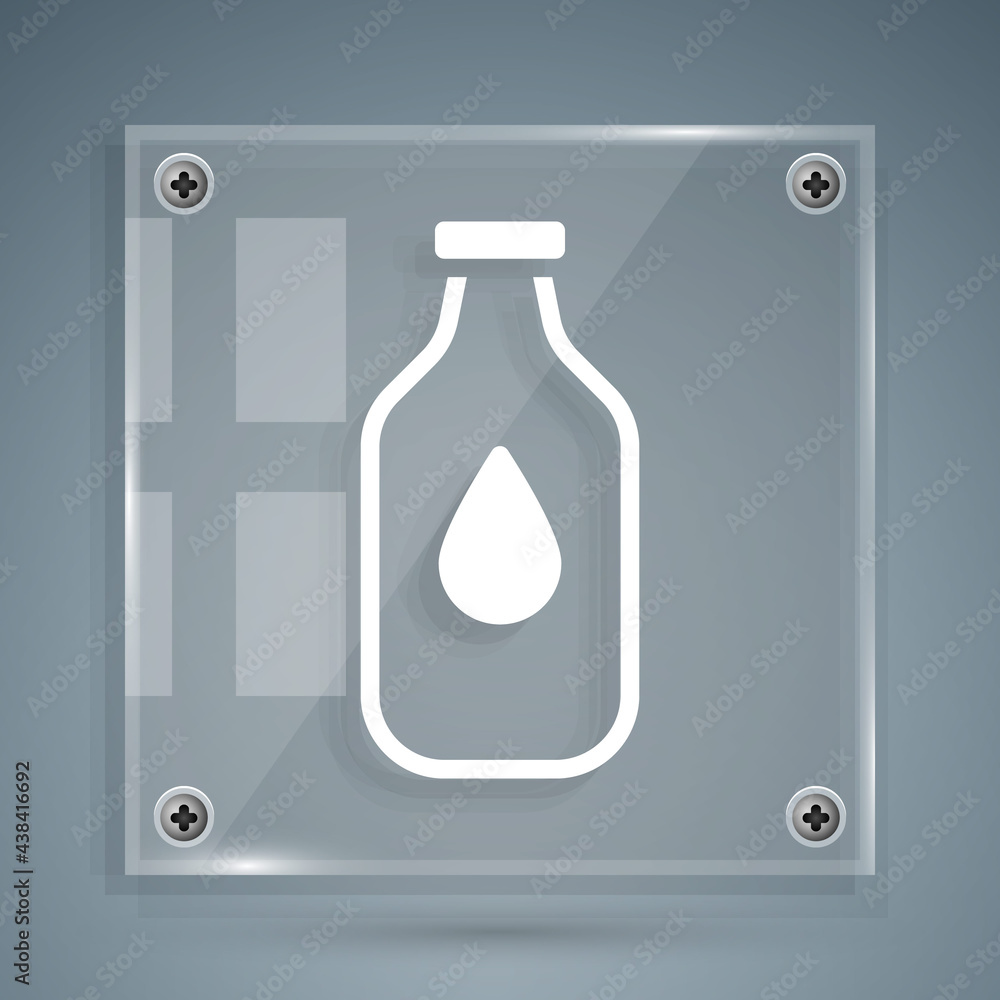 White Bottle of water icon isolated on grey background. Soda aqua drink sign. Square glass panels. V