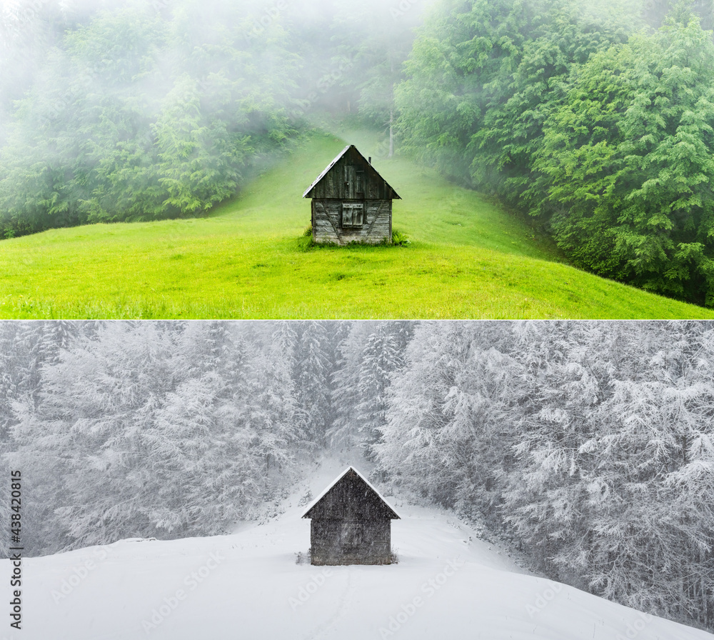 Collage of two images of a wooden cabin in the forest