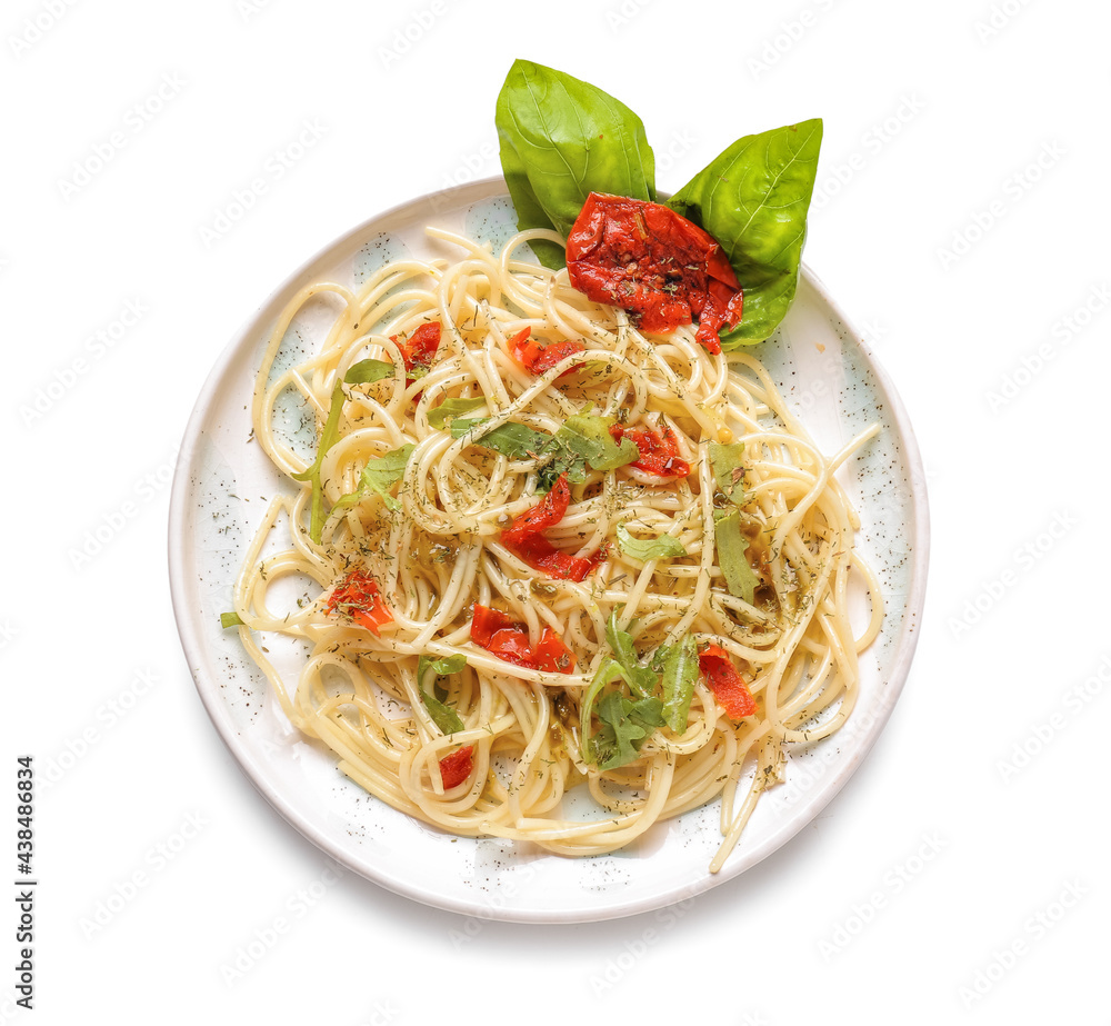 Plate with tasty pasta on white background