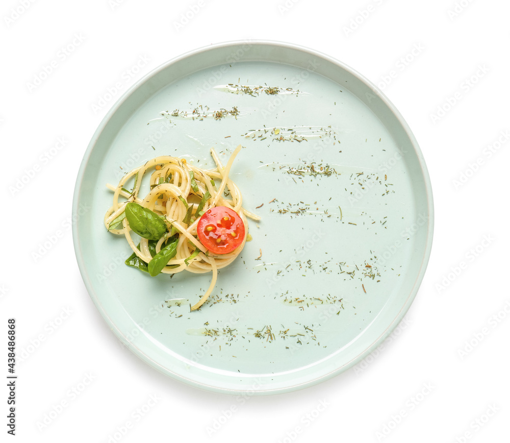 Plate with tasty pasta on white background