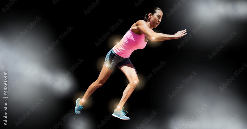 Multiple spots of light over caucasian female athlete running against black background