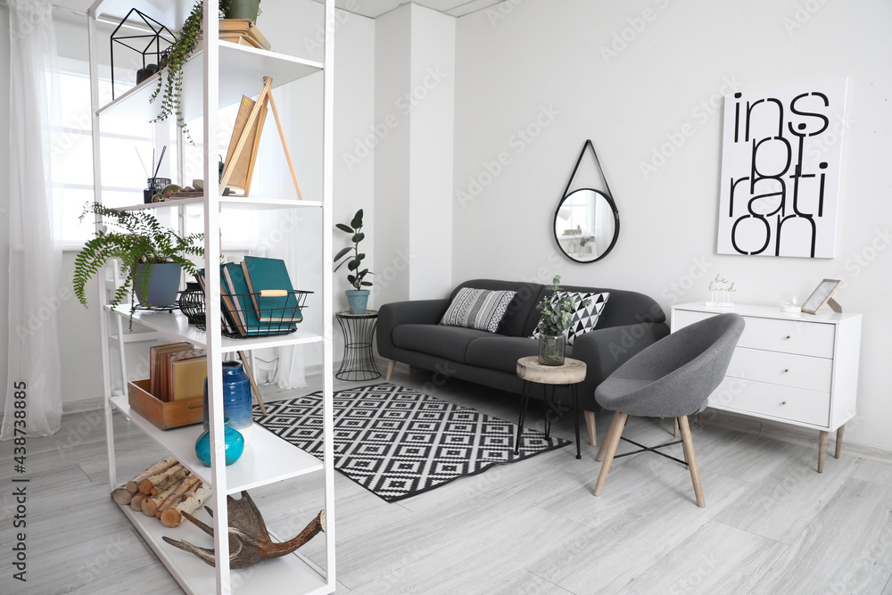 Modern book shelf in interior of living room