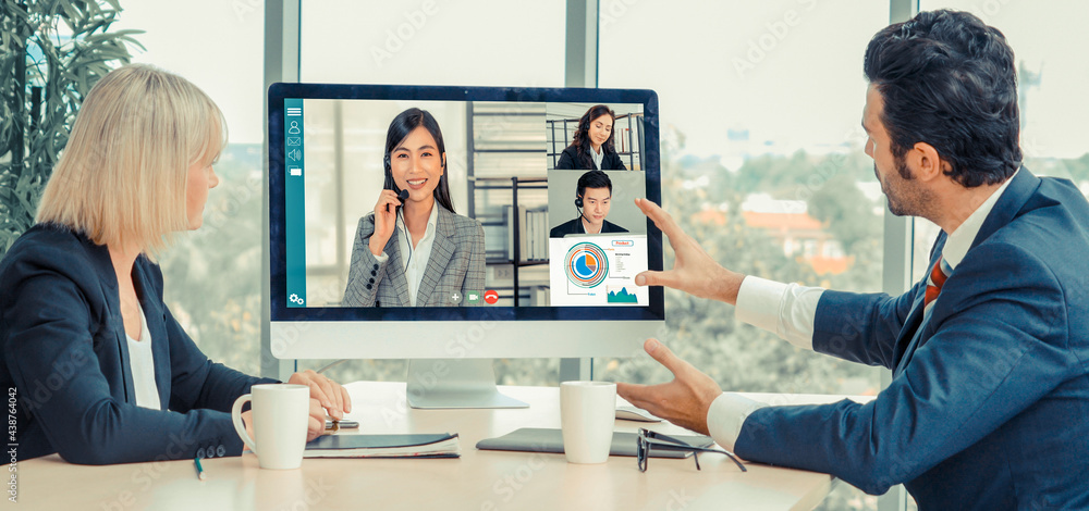 Video call group business people meeting on virtual workplace or remote office. Telework conference 