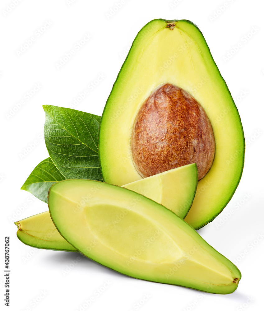 Fresh organic avocado with leaves isolated clipping path