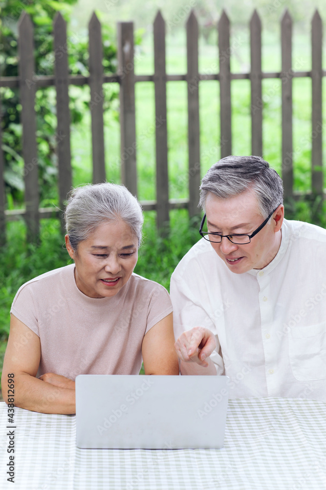 Happy old couple use computer to surf the Internet outdoors