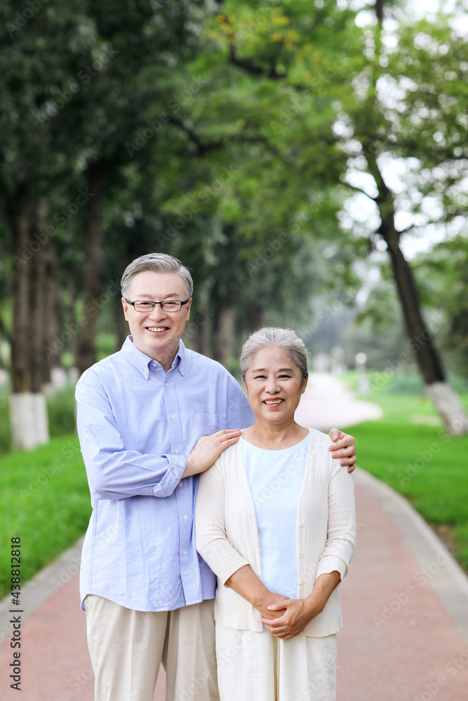 Happy old couple walking in the park