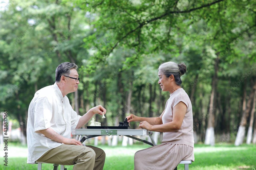 幸福的老夫妻在公园下棋