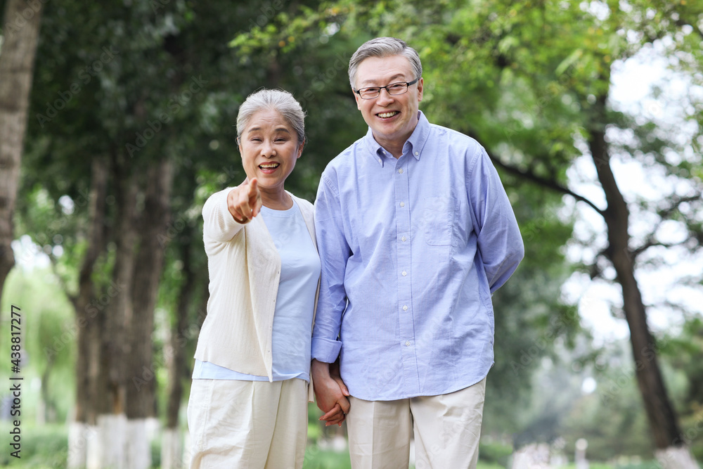 幸福的老夫妇在公园里散步