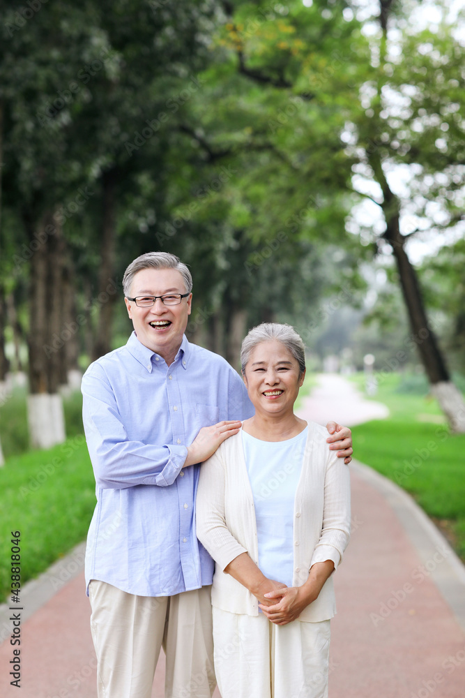 Happy old couple walking in the park