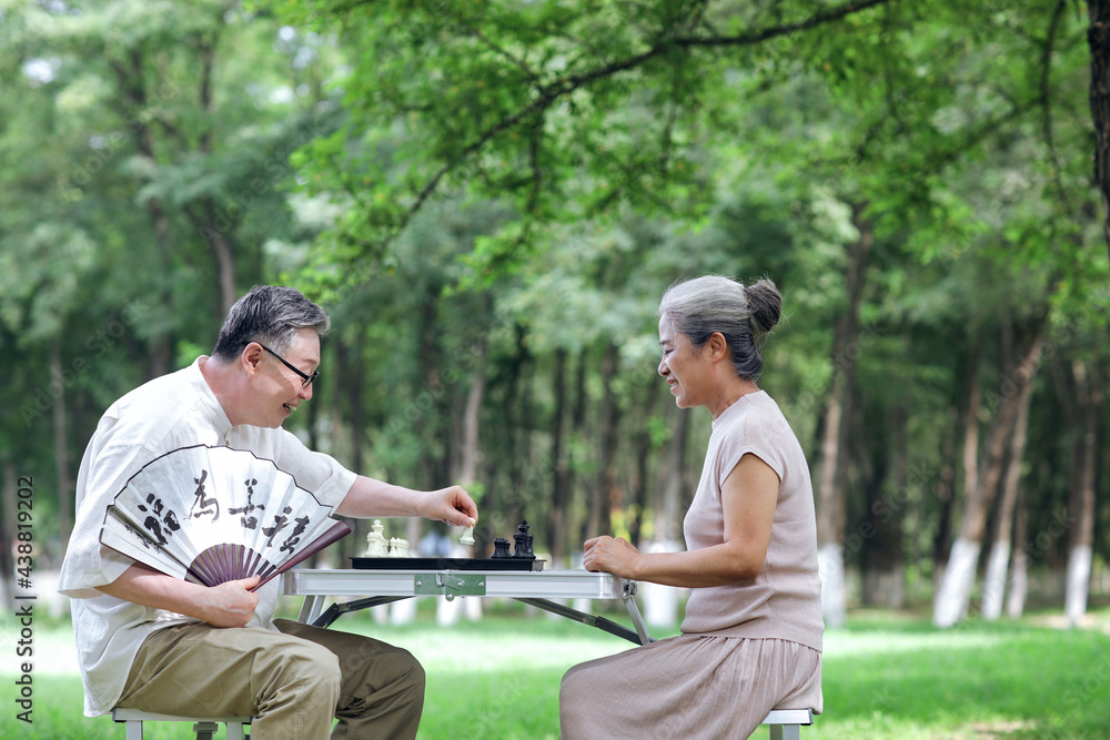 幸福的老夫妻在公园下棋