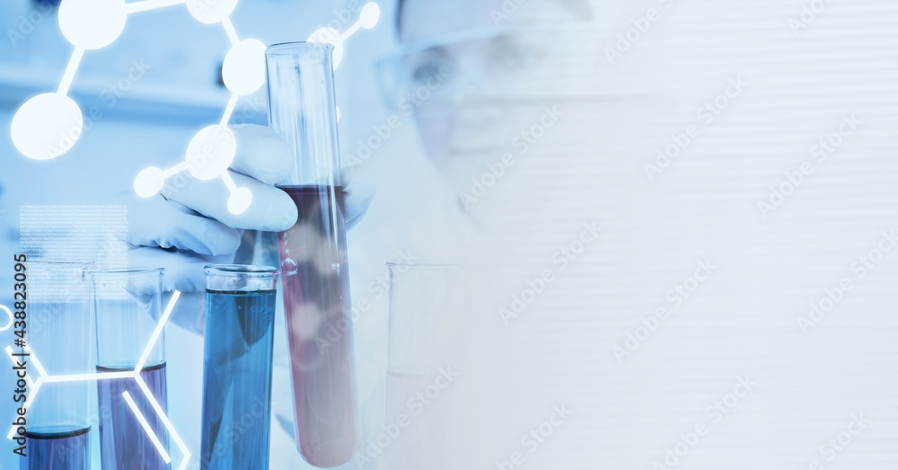 Composition of female scientist holding test tube in laboratory with copy space