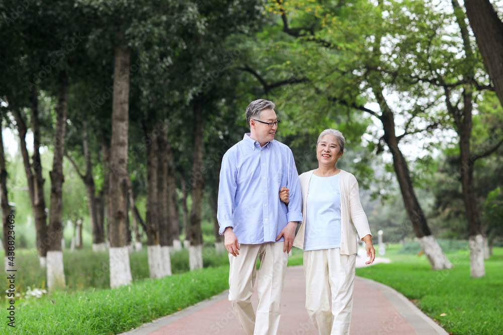 幸福的老夫妇在公园里散步