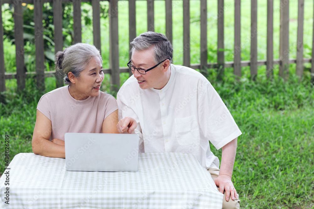 Happy old couple use computer to surf the Internet outdoors