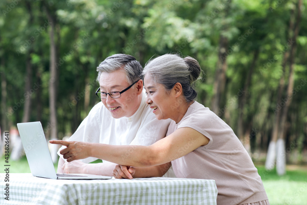 Happy old couple use computer to surf the Internet outdoors