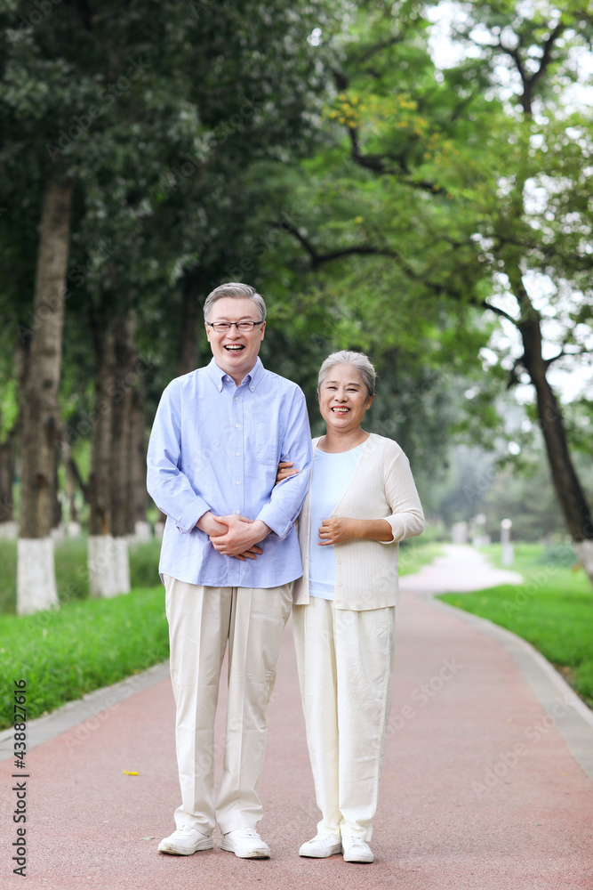 Happy old couple walking in the park