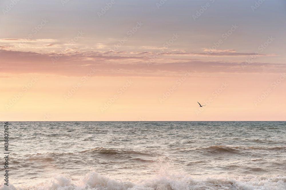 Green blue sea splashing waves backlit by setting sun in front of beautiful sunset sky background. T