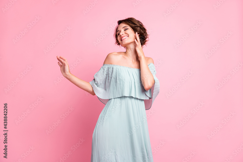 Photo of young attractive woman happy positive smile enjoy elegant pretty wear dress isolated over p