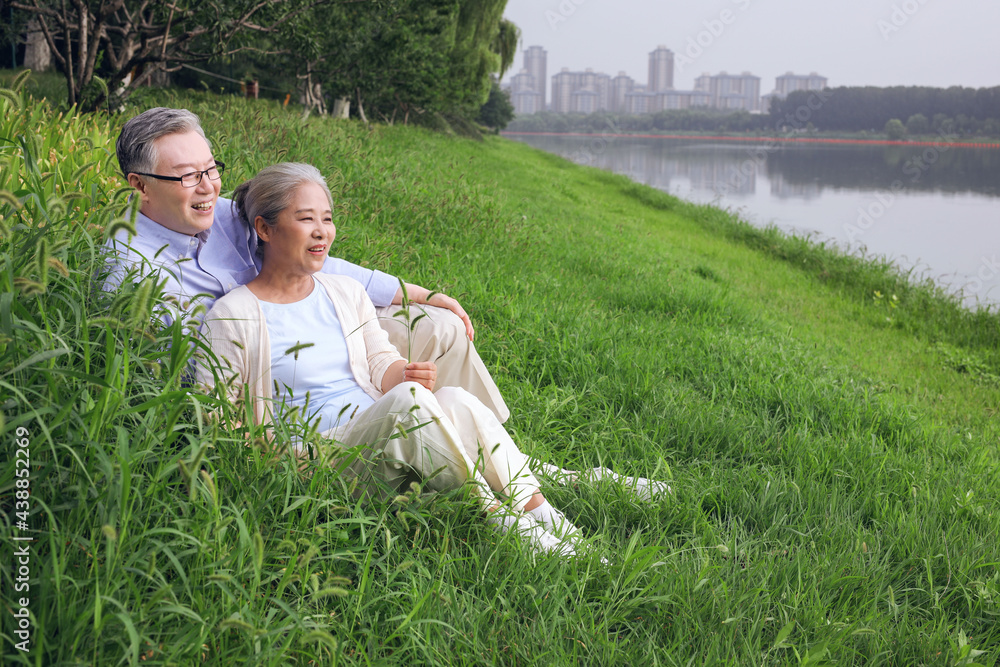 幸福的老夫妻在湖边看风景