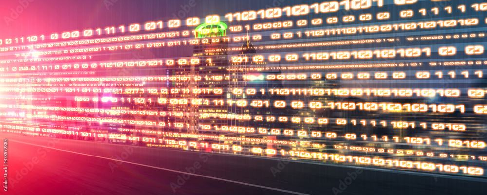 Digital data flow on road with motion blur to create vision of fast speed transfer . Concept of futu