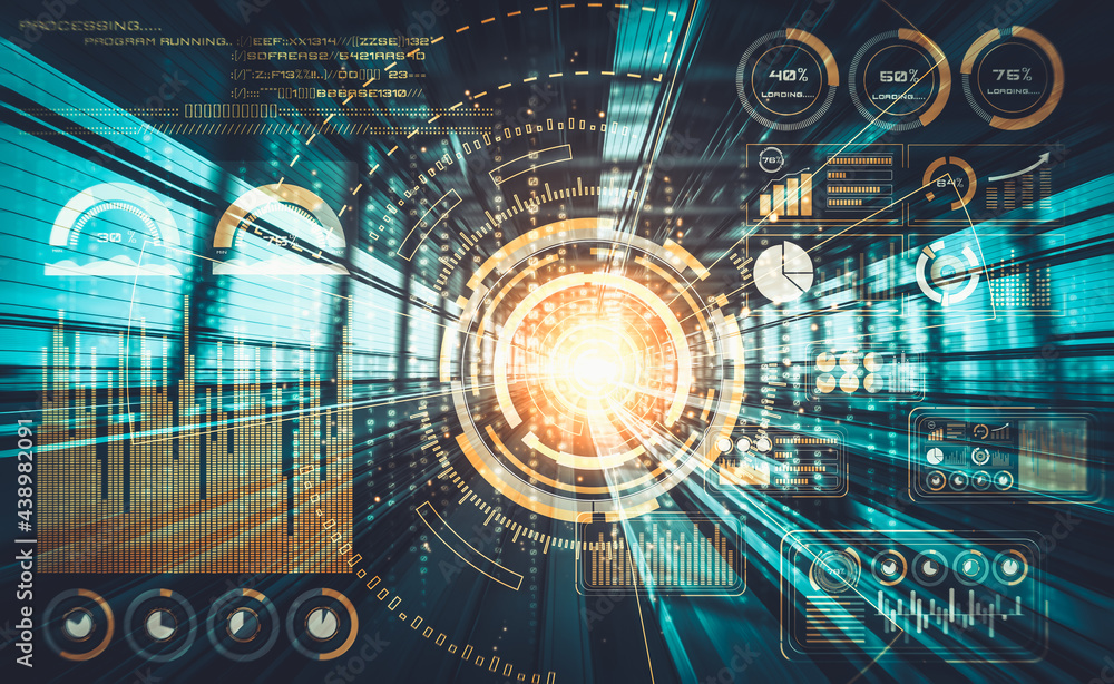 Data analytic concept with high speed motion digital transfer background showing fast big data proce