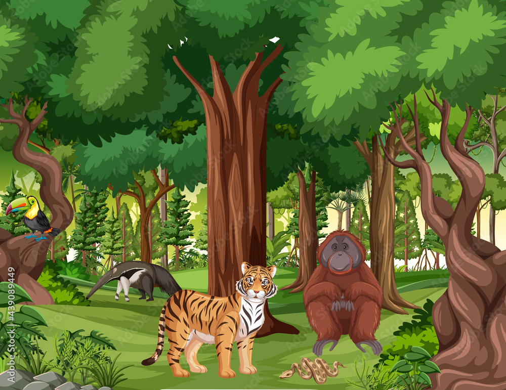 Tropical rainforest scene with various wild animals