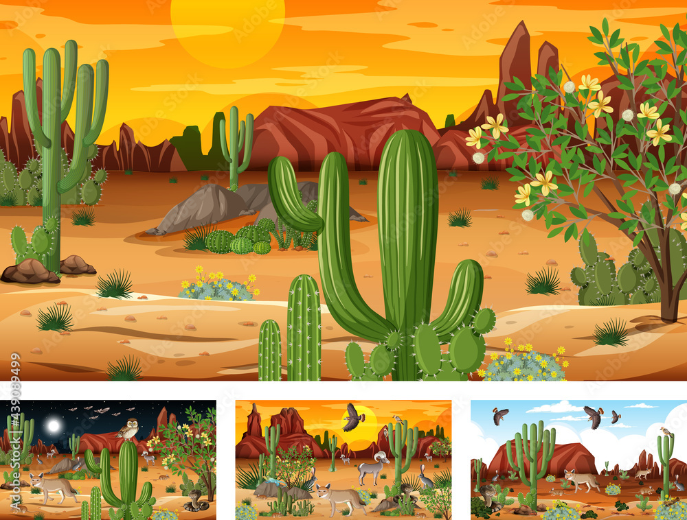 Different scenes with desert forest landscape with animals and plants