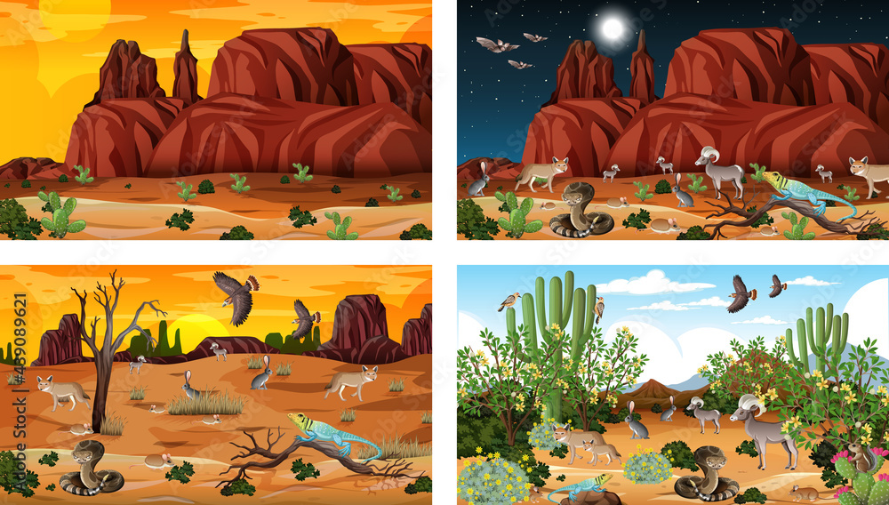 Different desert forest scenes with animals and plants