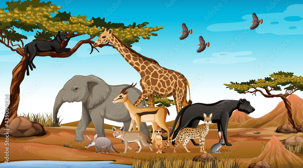 Group of Wild African Animal in the forest scene