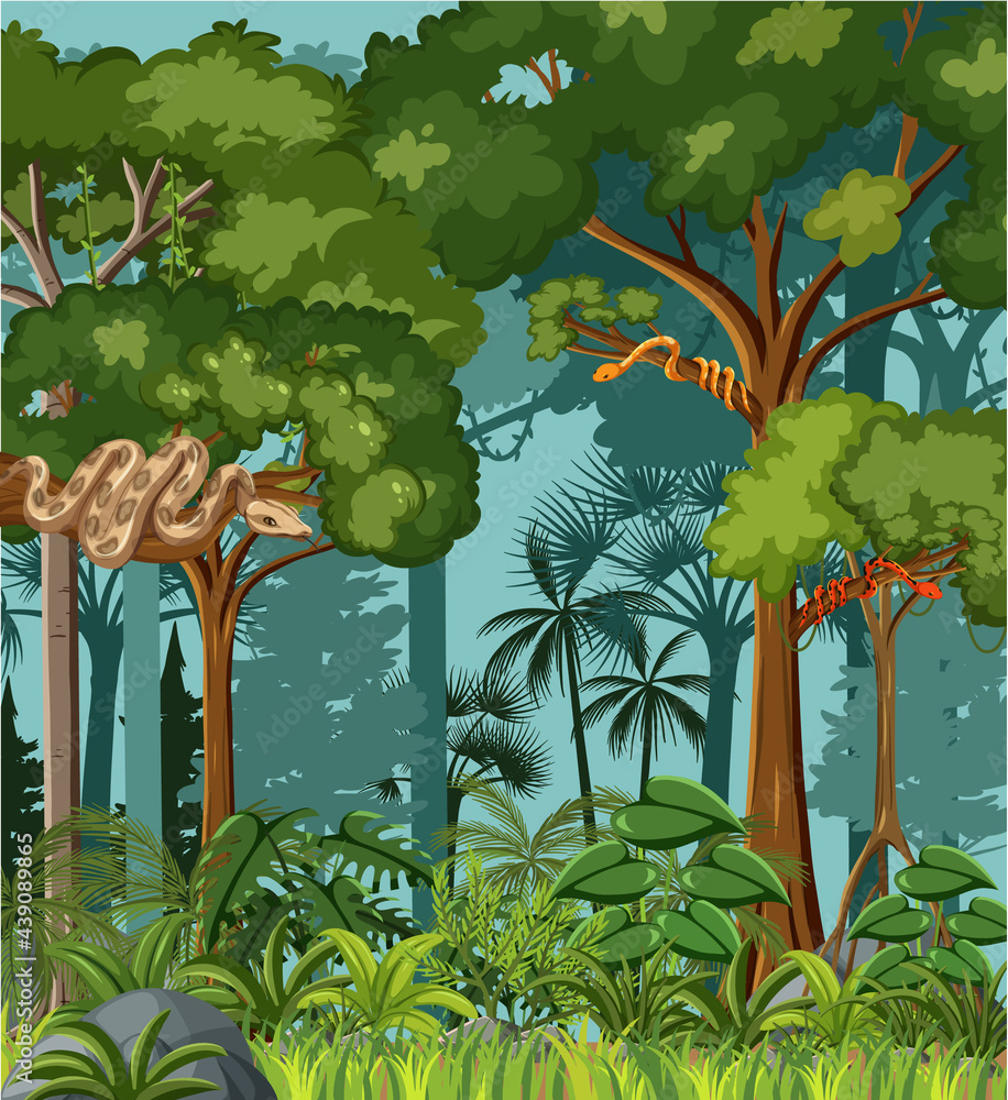 Tropical rainforest scene with various wild animals