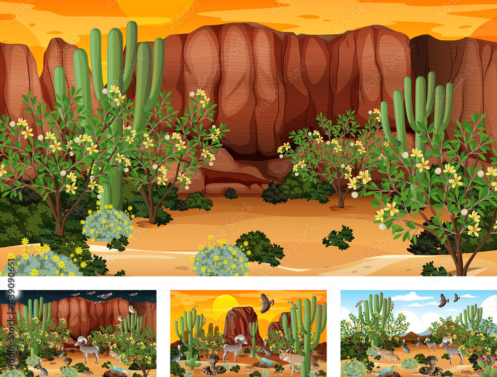 Different desert forest landscape scenes with animals and plants