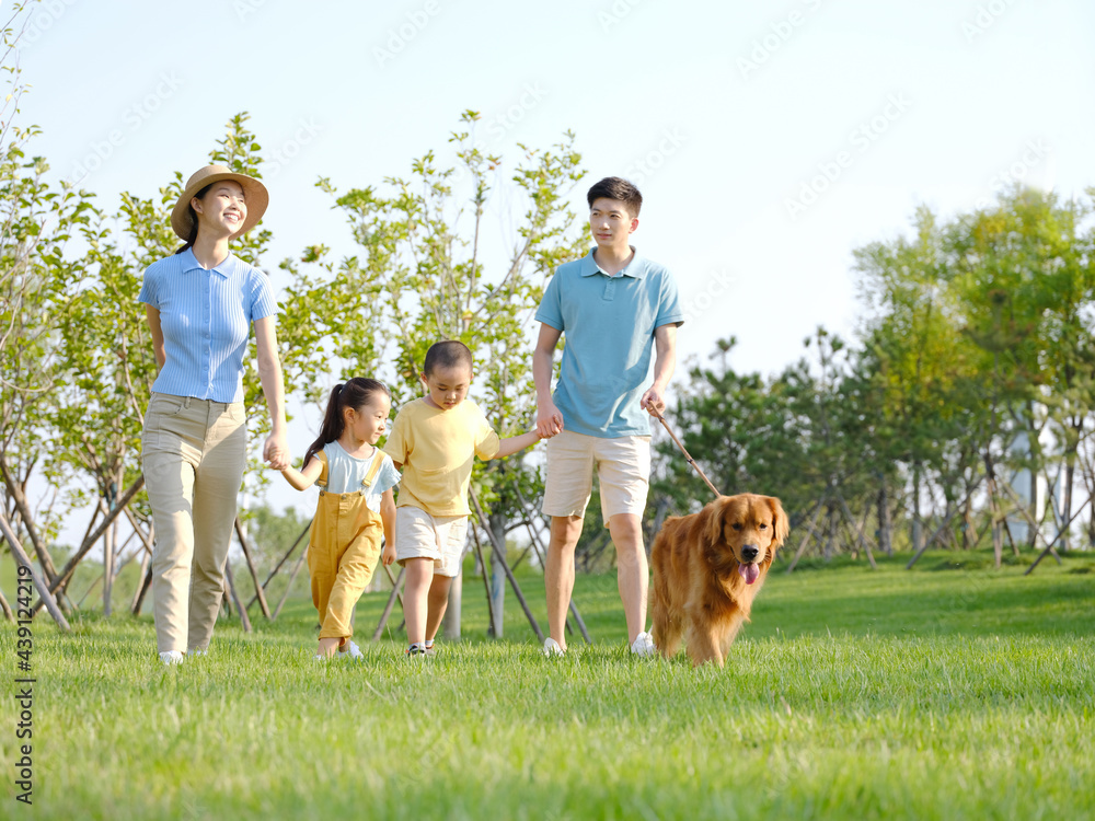 Happy family of four walking dogs in the park