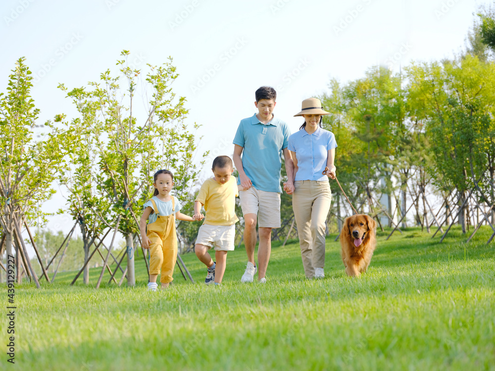 Happy family of four walking dogs in the park