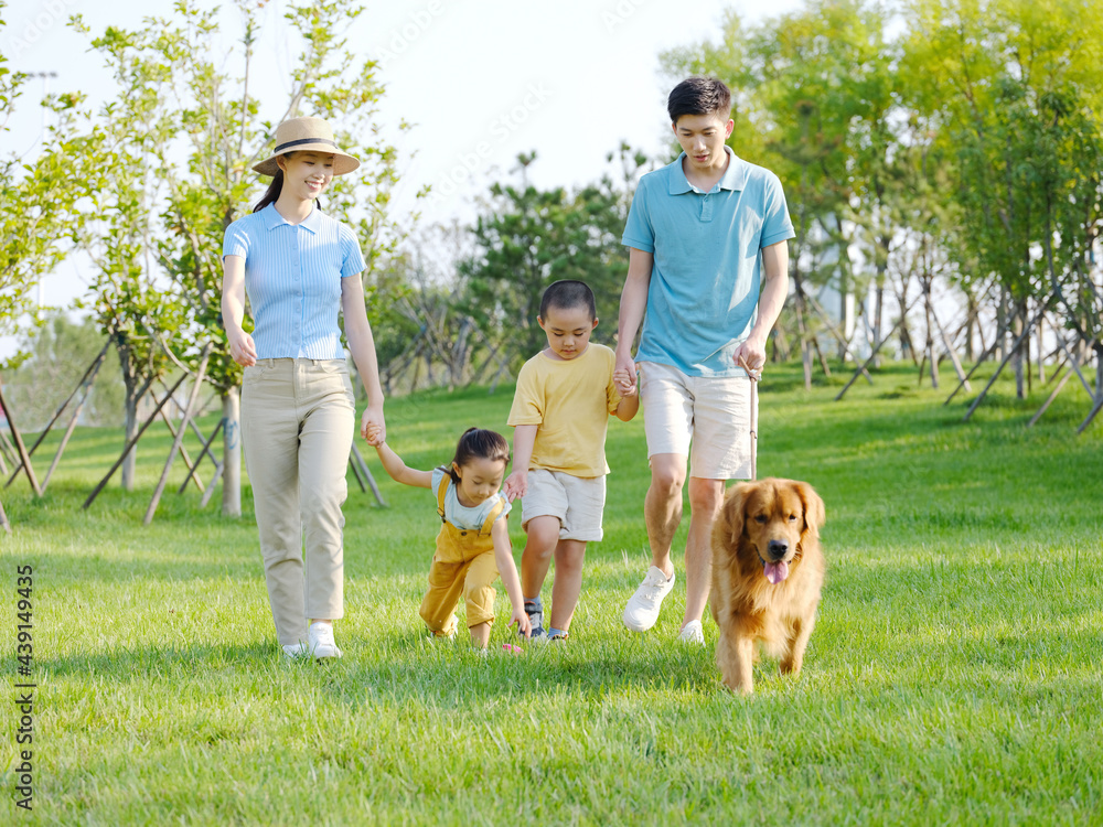 Happy family of four walking dogs in the park