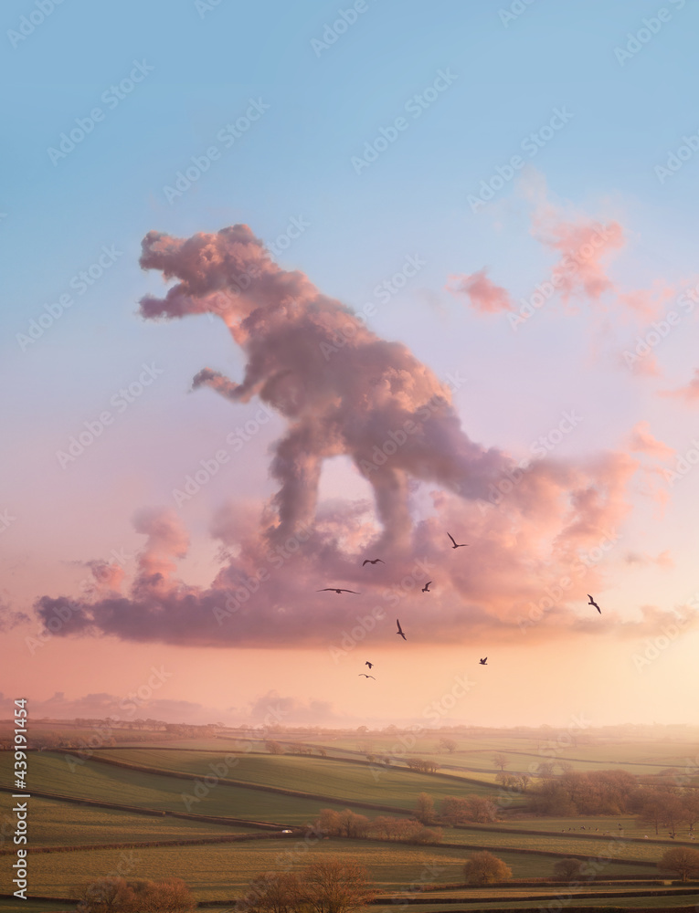 Dinosaur Tyrannosaurus T Rex cloud shape floating in the distance on a sunset evening.  Pink fluffy 