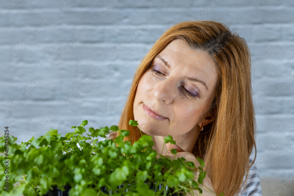 女性照顾微绿色。在家种植健康食品