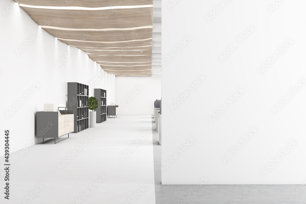 Modern coworking office interior with blank mockup place for your advertisement, furniture and concr