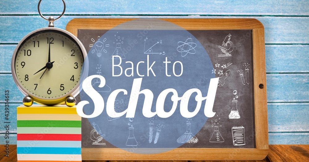 Composition of text back to school in white with clock and chalkboard