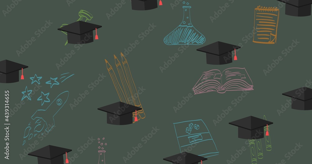 Composition of repeated mortarboards over colourful chalk drawings on chalkboard