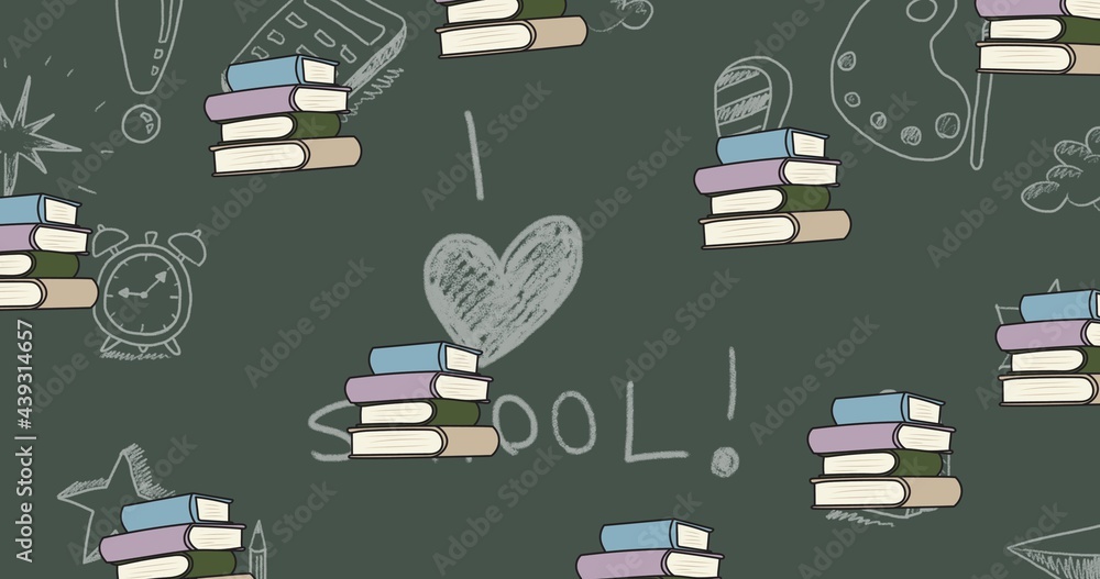 Composition of repeated stacks of books over chalk drawings and i heart school written on chalkboard