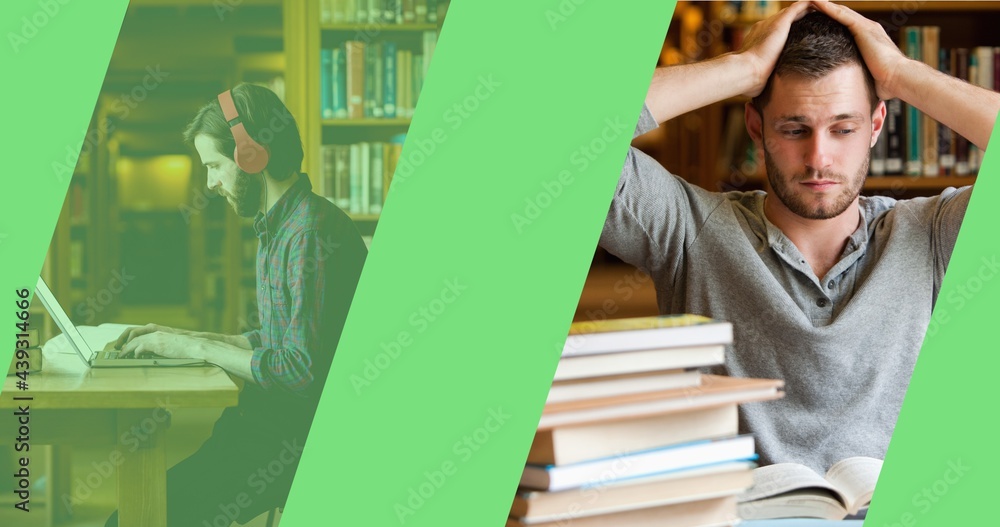 Composition of green bands over a stressed and a calm male adult student studying in library