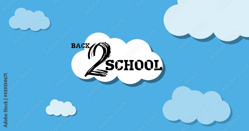 Composition of back 2 school in black text on white cloud in blue cloudy sky