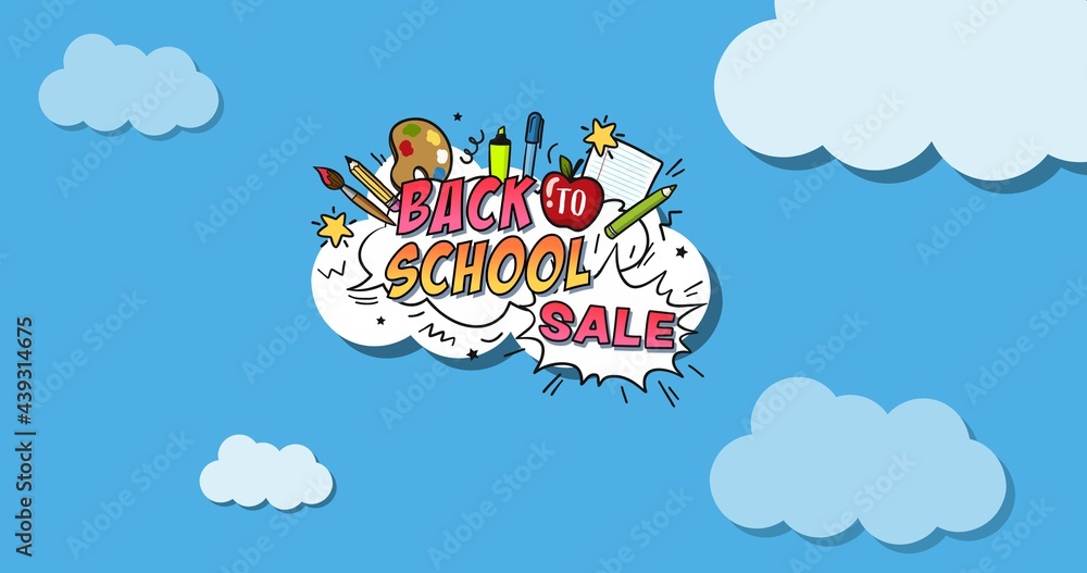 Composition of colourful back to school text on white cloud with school equipment in blue sky