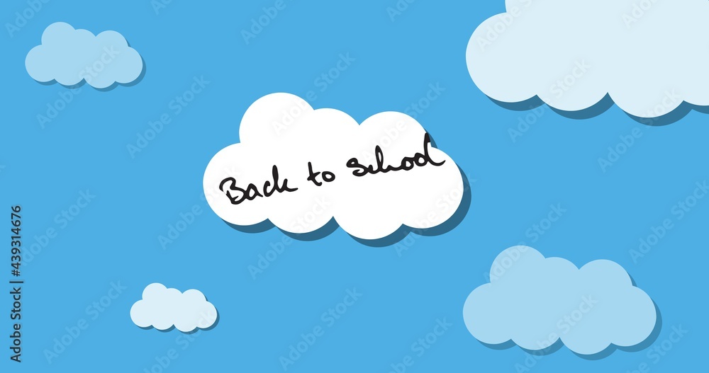 Composition of back to school in black text on white cloud in blue cloudy sky